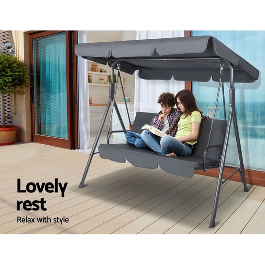 Gardeon Grey Outdoor Swing Chair - Stylish 3-Seater Garden Bench with Adjustable Canopy