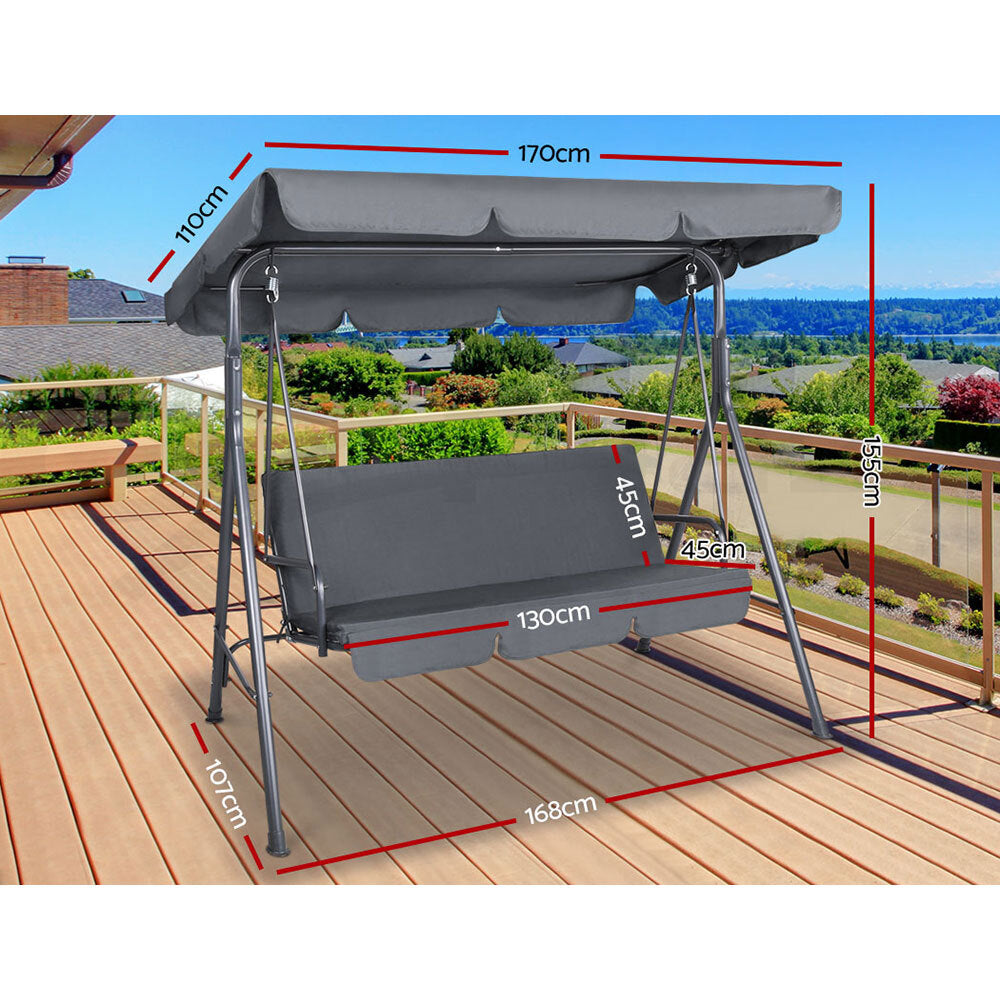 Gardeon Grey Outdoor Swing Chair - Stylish 3-Seater Garden Bench with Adjustable Canopy