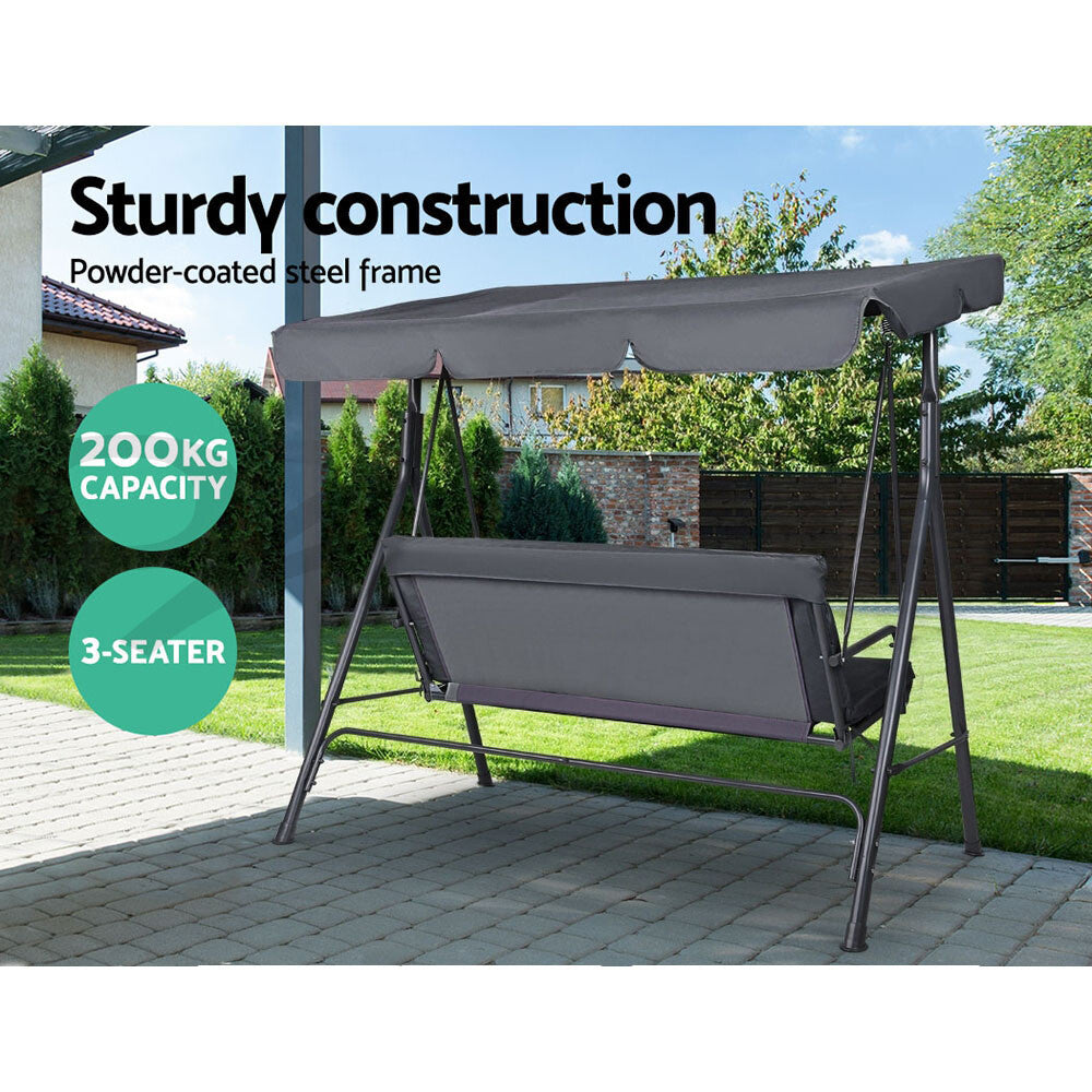 Gardeon Grey Outdoor Swing Chair - Stylish 3-Seater Garden Bench with Adjustable Canopy
