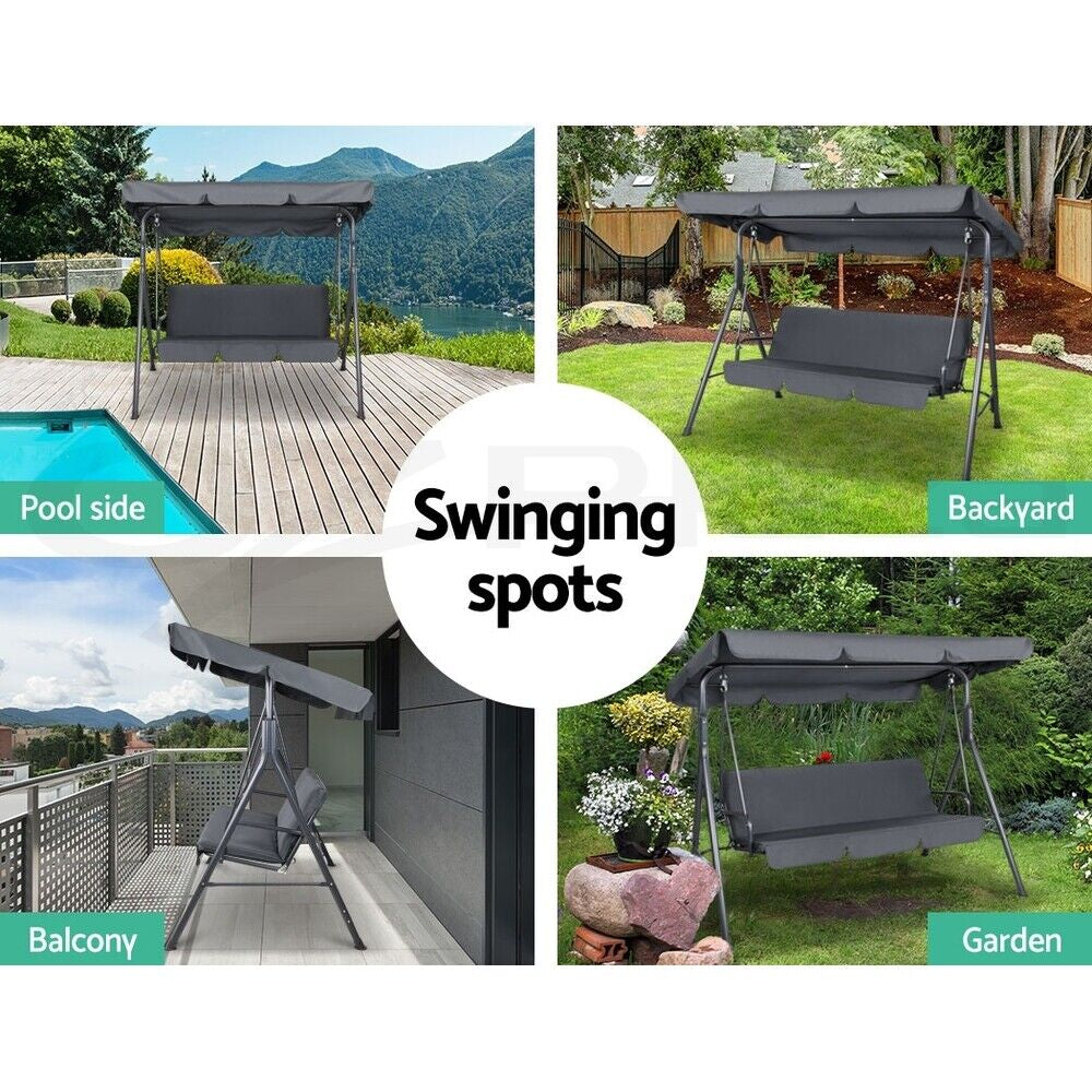 Gardeon Grey Outdoor Swing Chair - Stylish 3-Seater Garden Bench with Adjustable Canopy