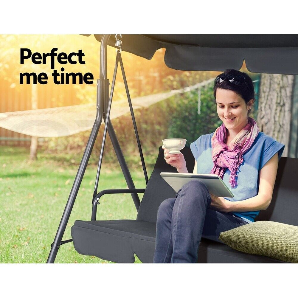 Gardeon Grey Outdoor Swing Chair - Stylish 3-Seater Garden Bench with Adjustable Canopy