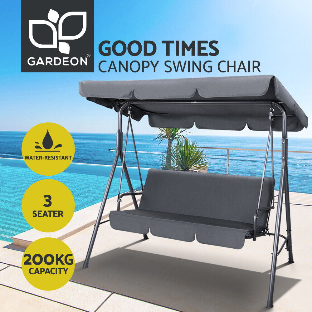 Gardeon Grey Outdoor Swing Chair - Stylish 3-Seater Garden Bench with Adjustable Canopy