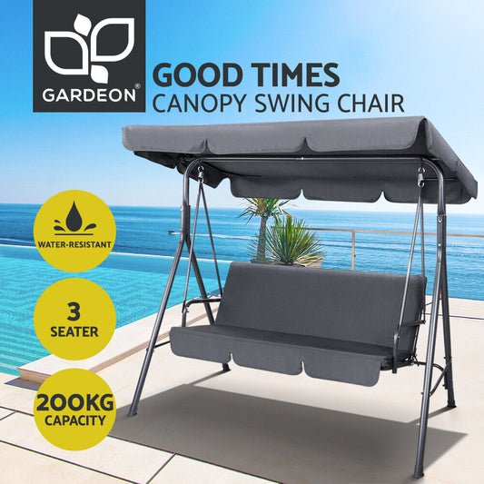 Gardeon Grey Outdoor Swing Chair - Stylish 3-Seater Garden Bench with Adjustable Canopy