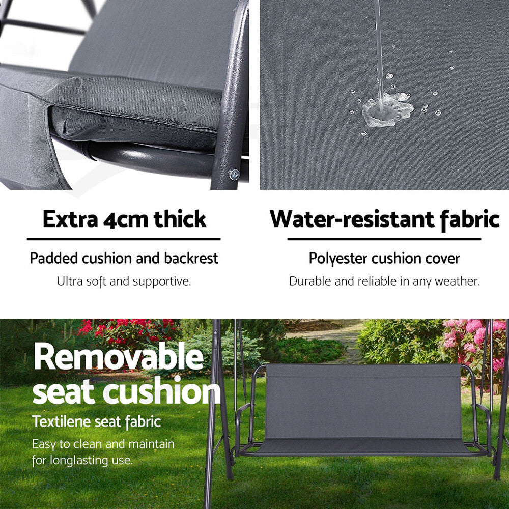 Gardeon Grey Outdoor Swing Chair - Stylish 3-Seater Garden Bench with Adjustable Canopy